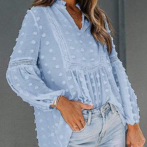 NWOT AZOKOE Sky Blue L Pom Pom Long Sleeve Blouse